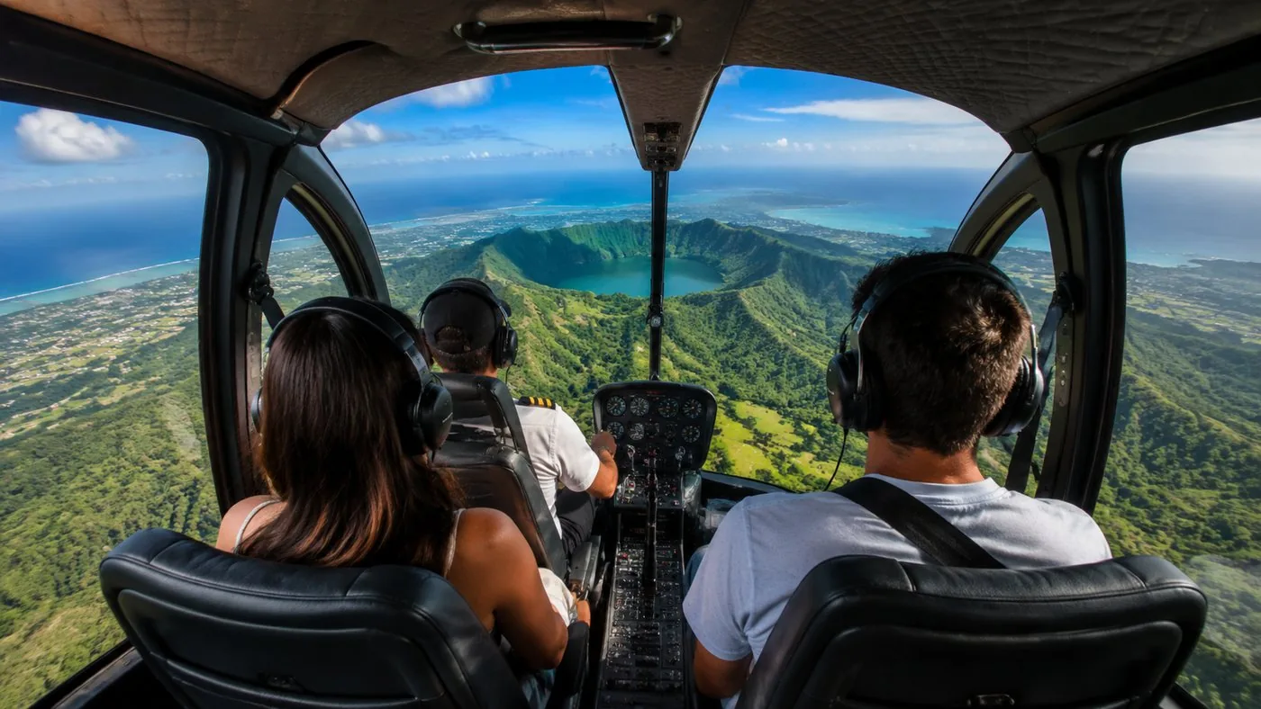 The pass over the sandfall: the pilot banks over the south-west tip of Le Morne so both sides of the cabin get the view