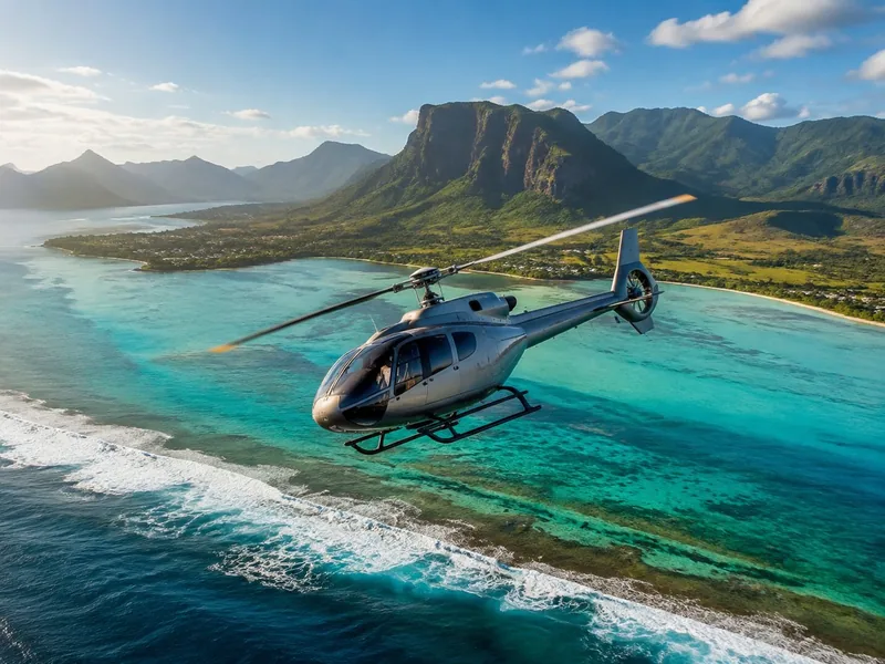A scenic helicopter on the apron before a Le Morne flight